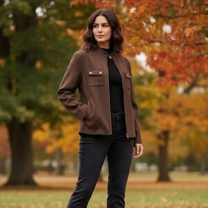 A Line Stretch Jacket Women's Sz 18 Brown Full Zip Button Pockets Preppy‎ Office